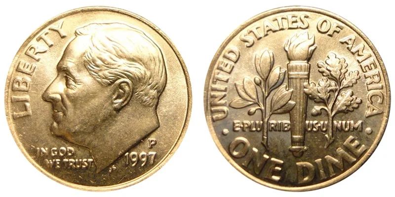 1997 Roosevelt dime obverse and reverse showing the Full Bands torch detail