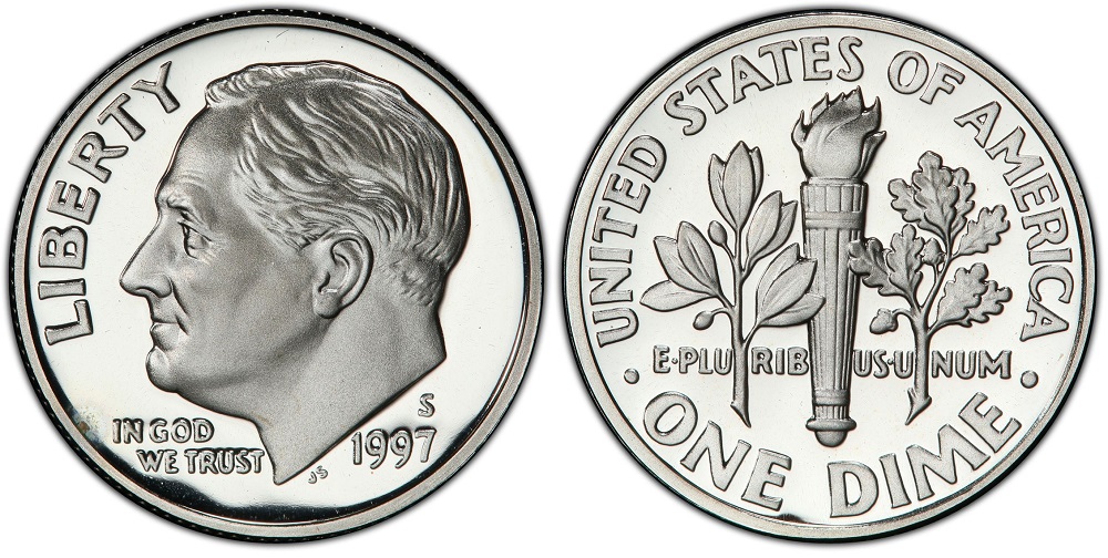 Comparison of 1997 dime reverse showing partial bands versus Full Bands designation on Roosevelt torch