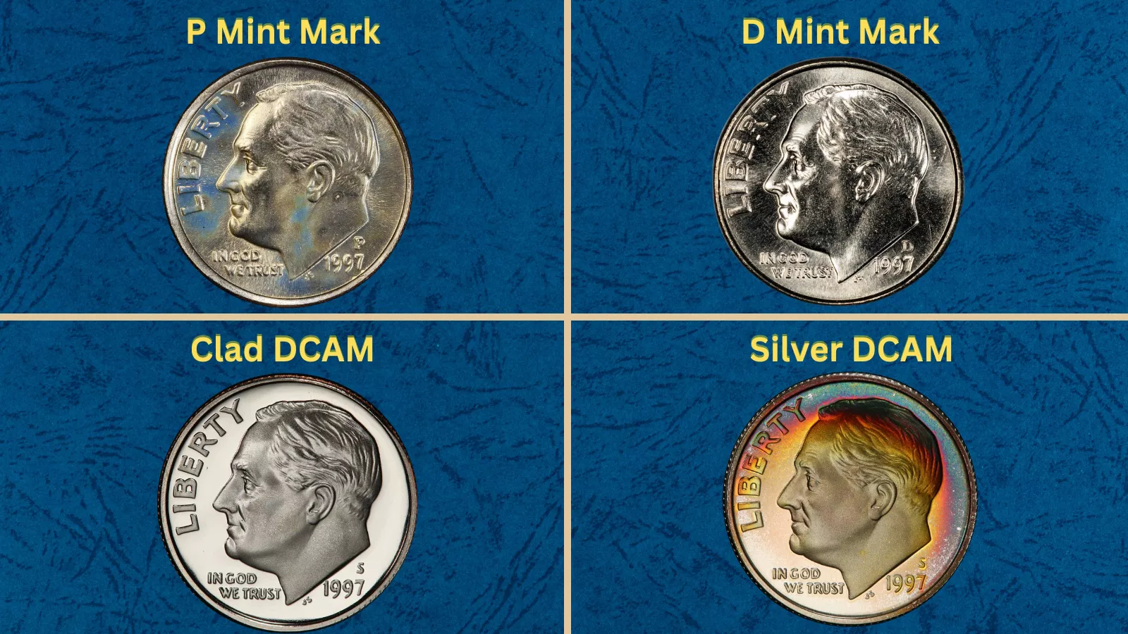 Group of 1997 Roosevelt dimes showing all four varieties: Philadelphia, Denver, clad proof, and silver proof