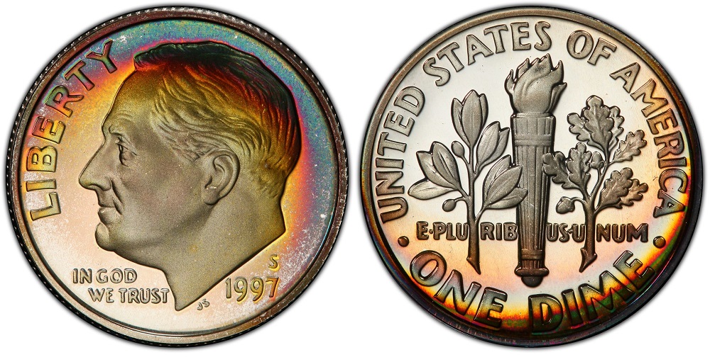 Grading strip showing four 1997 Roosevelt dimes from worn condition through gem uncirculated